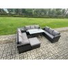 Fimous Patio Rattan Garden Furniture Set with Oblong Rectangular Dining Table Big Footstool Side Table 10 Seater Outdoor Lounge Sofa Set Dark Grey Mixed