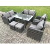 Fimous 8 Seater Dark Grey PE Wicker Rattan Garden Furniture Set Reclining Chair 2 Seater Love Sofa Set Outdoor Rectangular Dining Table 2 Stools