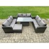 Fimous Patio Garden Dining Set Outdoor Rattan Furniture Lounge Sofa Height Adjustable Rising lifting Table With Big Footstool Dark Grey Mixed