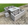 Fimous Garden Dining Sets Outdoor PE Rattan Furniture Gas Fire Pit Dining Table Gas Heater with 2 Small Footstool Light Grey