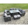 Fimous 8 Seater Rattan Garden Furniture Set Outdoor Propane Gas Fire Pit Table and Sofa Chair set with 2 Side Tables 2 Small Footstools