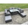 Fimous Rattan Outdoor Garden Furniture Sofa Set Gas Fire Pit Dining Table Gas Heater with 2 Side Tables Love Sofa 2 Big Footstool Dark Grey Mixed