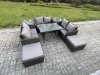 Fimous Outdoor Rattan Garden Furniture Set 8 Seater Patio Love Sofa Set with Rectangular Dining Table 2 Big Footstool 2 Side Tables Dark Grey Mixed