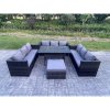 Fimous Outdoor Wicker Garden Furniture Rattan Lounge Sofa Set Patio Rectangular Dining Table with Big Footstool 10 Seater Dark Grey Mixed