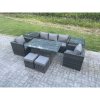 Fimous Outdoor Garden Furniture Set Patio Rattan Rectangular Dining Table Lounge Sofa Chair with 2 Side Table 2 Small Stools Dark Grey Mixed
