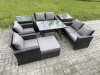 Fimous Rattan Garden Furniture Set Patio Outdoor Lounge Sofa Set with Rectangular Dining Table Double Seat Sofa 2 Side Tables Big Footstool Dark Grey Mixed