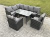 Fimous Wicker Rattan Garden Furniture Corner Sofa Set with Oblong Dining Table 2 Armchairs 8 Seater Outdoor Rattan Set Dark Grey Mixed