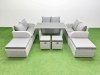 Fimous 10 Seater Patio Garden Furniture Sets with Black Glass Top Dining Table Love Sofa 2 Side Tables 4 Stools Light Grey