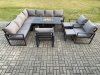 Fimous Aluminium 12 Seater Garden Furniture Outdoor Set Patio Lounge Sofa Gas Fire Pit Dining Table Set with 3 Chairs 2 Small Footstools Dark Grey