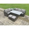Fimous Outdoor Garden Patio Furniture Wicker Rattan Oblong Rectangular Dining Table and Lounge Sofa set with Side Table 2 Small Footstools Dark Grey Mixed