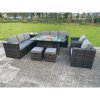Fimous 10 Seater Outdoor Rattan Garden Furniture Gas Fire Pit Table Dining Set Gas Heater Lounge Chairs Small Footstools Dark Grey