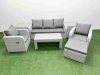Fimous PE Rattan Garden Furniture Set Reclining Chair Sofa Lounge Sofa Set Rectangular Coffee Table 2 Side Table Big Footstool Light Grey