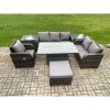Fimous Outdoor Rattan Furniture Garden Dining Set Patio Height Adjustable Rising lifting Table Reclining Chair Sofa With 2 Side Tables Big Footstool Dark Grey Mixed