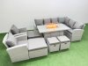 Fimous Outdoor Furniture Garden Dining Set Rattan Corner Sofa Chair Set Gas Fire Pit Table with Temper Glass Footstools Light Grey Mixed