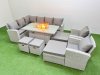Fimous Outdoor Furniture Garden Dining Set Rattan Corner Sofa Chair Sets Gas Fire Pit Table with Temper Glass Footstools Light Grey Mixed