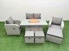 Fimous Light Grey PE Wicker Rattan Garden Furniture Set Sofa Set Reclining Chair Firepit Dining Table 7 Seater 3 Stools