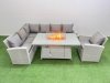 Fimous 7 Seat Rattan Garden Furniture Corner Sofa Set Outdoor Gas Fire Pit Table Sets with Armchair Light Grey