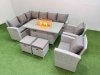 Fimous Rattan Corner Sofa Chair Set Outdoor Furniture Garden Dining Sets Gas Fire Pit Table with Temper Glass 2 Footstools Light Grey Mixed