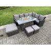 Fimous 9 Seater?Outdoor High Back Rattan Gas Fire Pit Corner Sofa Set Garden Furniture Heater Dining Table Set Footstools Dark Grey Mixed Right Hand