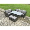 Fimous Outdoor Garden Patio Furniture Wicker Rattan Oblong Rectangular Dining Table and Lounge Sofa set with 2 Small Footstools Dark Grey Mixed