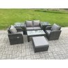 Fimous Rattan Lounge Sofa Set 7 PCS Outdoor Garden Furniture Set with Rectangular Coffee Table Love Sofa 2 Side Tables Big Footstool Dark Grey Mixed