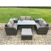 Fimous 7 Seater Outdoor Rattan Garden Furniture Set with Patio Rectangular Dining Table Love Sofa 2 Side Tables Big Footstool Dark Grey Mixed