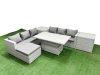 Fimous 6 PCs Rising Dining Table Set Rattan Furniture Set with 3 Seater Sofa Big Footstool 2 Side Tables Light Grey
