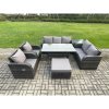 Fimous Dark Grey PE Wicker Rattan Garden Furniture Set Reclining Chair Love Sofa 2 Seater Sofa Set Outdoor Rectangular Dining Table Big Stools Side Table 8 Seater
