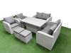 Fimous 8 Seater Outdoor Reclining Chair Love Sofa Set Rattan Garden Furniture Set with Adjustable Lifting Dining or Coffee Table 2 Stools Light Grey