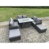 Fimous 8 Seater Rattan Outdoor Garden Furniture Sofa Set Gas Fire Pit Dining Table Gas Heater with Love Sofa 2 Big Footstool Dark Grey Mixed