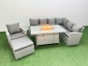 Fimous 8 Seat Rattan Garden Furniture Corner Sofa Set Outdoor Gas Fire Pit Table Set with Big Footstool Light Grey