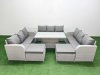 Fimous PE Rattan Lounge Sofa Set 11 Seater Outdoor Garden Furniture Set with Adjustable Lifting Dining or Coffee Table 3 Seater Sofa 2 Big Footstools Side Table Light Grey