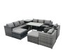 Fimous Rattan Dining Table Sofa Set with Armchair Side Table 2 Big Footstools Outdoor 10 Seat Garden Furniture Set Dark Grey Mixed