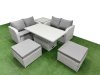 Fimous 6 Seater Outdoor Love Sofa Set Rattan Garden Furniture Set with Adjustable Lifting Dining or Coffee Table 2 Footstool Side Table Light Grey