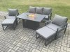 Fimous Aluminium Patio Outdoor Garden Furniture Lounge Sofa Set Gas Fire Pit Dining Table with 2 Big Footstools Dark Grey