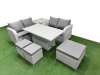 Fimous 7 Seater Outdoor Love Sofa Set Rattan Garden Furniture Set with Adjustable Lifting Dining or Coffee Table 3 Footstool Side Table Light Grey