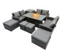 Fimous Outdoor Love Sofa Set 10 Seat Rattan Garden Furniture Set with Gas Firpit Dining Table 4 Footstools Side Table Dark Grey Mixed