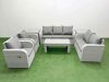 Fimous PE Rattan Garden Furniture Set Adjustable Chair Sofa Double Love Seat 2 Seater Sofa Lounge Set Rectangular Coffee Table 2 Side Table Light Grey