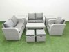 Fimous High Back Poly Rattan Garden Furniture Set with Reclining Chair Loveseat Sofa Oblong Coffee Table Indoor Outdoor Patio Set 2 Stool 2 Side Table Light Grey