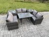 Fimous Rattan Garden Furniture Set 6 Seater Patio Outdoor Love Sofa Set with Rectangular Dining Table 2 Side Tables Dark Grey Mixed