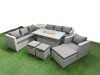 Fimous 10 Seat PE Rattan Lounge Sofa Set Outdoor Garden Furniture Set with Firepit Dining Table 3 Seater Sofa 3 Stools Side Table Light Grey