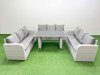 Fimous Patio Garden Furniture Sets with Black Glass Top Dining Table 3 Seater Sofa 2 Side Tables Light Grey