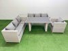 Fimous Patio Garden Furniture Sets with Black Glass Top Dining Table 3 Seater Sofa Armchair Side Table Light Grey