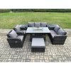 Fimous 8 Seater PE Wicker Outdoor Rattan Garden Furniture Set Propane Gas Fire Pit Table and Sofa Chair set with 2 Side Tables Big Footstool