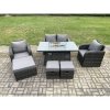 Fimous Rattan Garden Furniture Set Outdoor Patio Gas Fire Pit Dining Table and Chairs with Love seat Sofa 3 Footstools