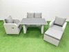 Fimous Outdoor Rattan Garden Furniture Dining Set 5-seater Patio Rectangular Table Love Sofa Reclining Chair Set with Big Stool