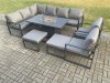 Fimous Aluminium Patio Outdoor Garden Furniture Corner Sofa Set Gas Fire Pit Dining Table with 2 Chairs 2 Big Footstools Dark Grey