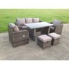 Fimous PE Rattan Garden Furniture Set Adjustable Chair Lounge 3 Seater Sofa Oblong Rectangular Dining Black Glass Table 2 Stools