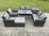 Fimous Rattan Garden Furniture Set 7 Seater Patio Outdoor Lounge Sofa Set with Rectangular Dining Table Love Seat Sofa Side Table Big Footstool Dark Grey Mixed