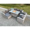 Fimous Light Grey Rattan Fire Pit Garden Furniture Set Gas Heater Burner Lounge Sofa Dining Set Coffee Table Chairs Footstool